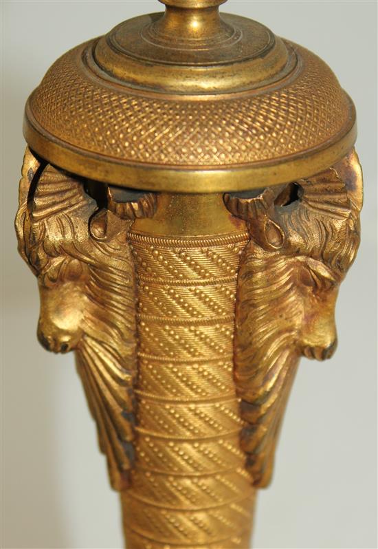 A pair of 19th century French Empire style ormolu candlesticks, 13.75in.